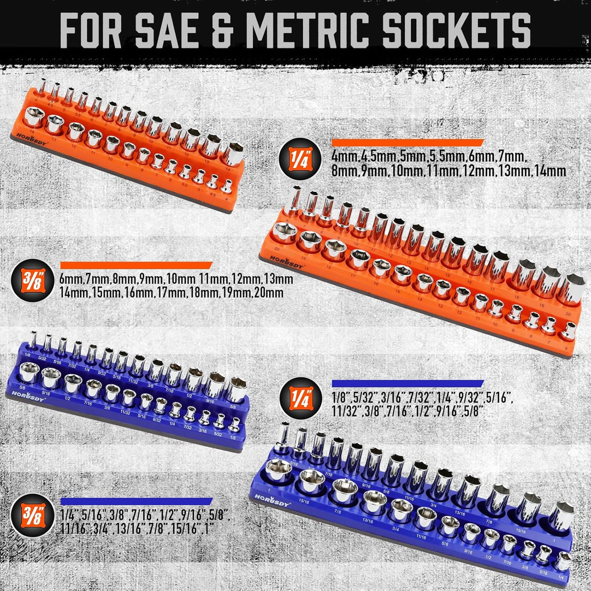 Magnetic socket tray set with 4 pieces in orange and blue, organizing SAE and metric sockets with labeled slots and magnetic base for toolboxes
