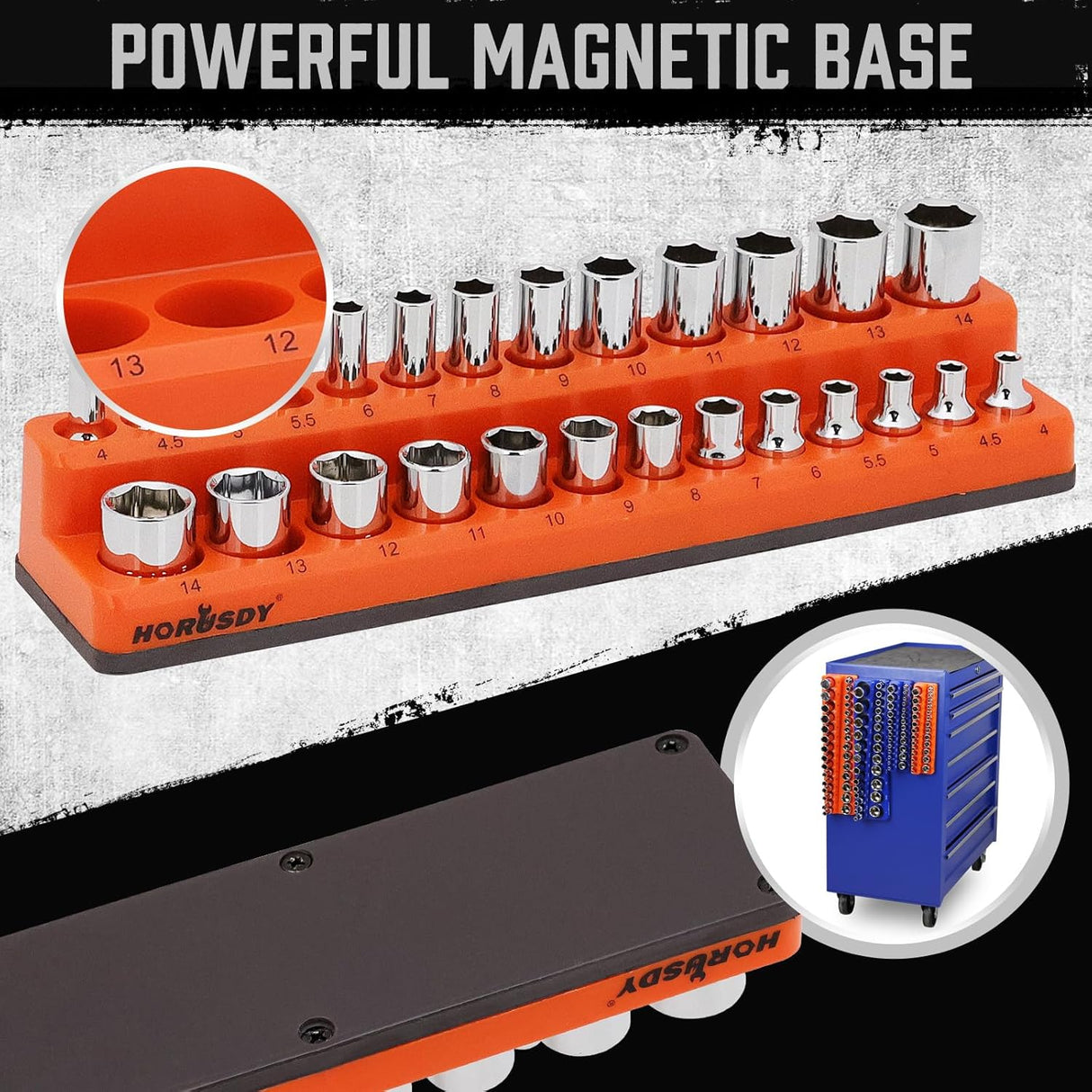 Magnetic socket tray set with 4 pieces in orange and blue, organizing SAE and metric sockets with labeled slots and magnetic base for toolboxes