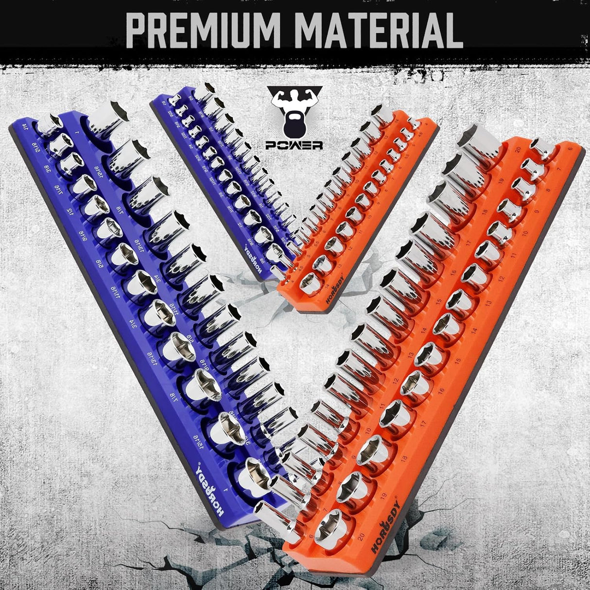 Magnetic socket tray set with 4 pieces in orange and blue, organizing SAE and metric sockets with labeled slots and magnetic base for toolboxes
