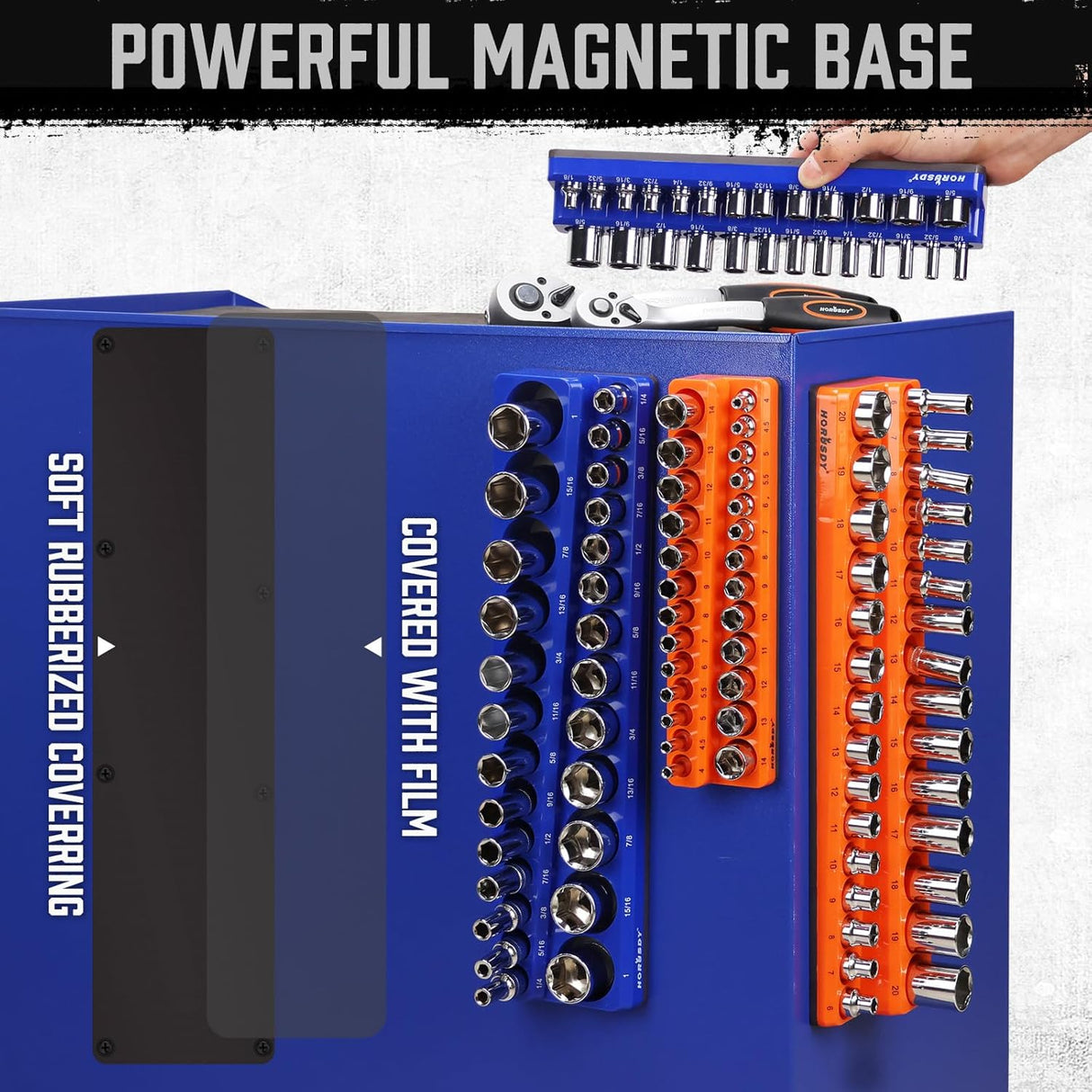 Magnetic socket tray set with 4 pieces in orange and blue, organizing SAE and metric sockets with labeled slots and magnetic base for toolboxes