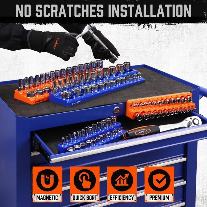 Magnetic socket tray set with 4 pieces in orange and blue, organizing SAE and metric sockets with labeled slots and magnetic base for toolboxes