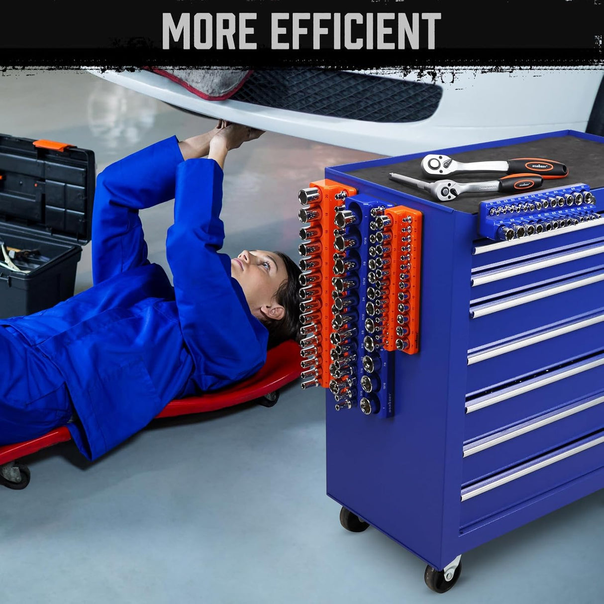 Magnetic socket tray set with 4 pieces in orange and blue, organizing SAE and metric sockets with labeled slots and magnetic base for toolboxes