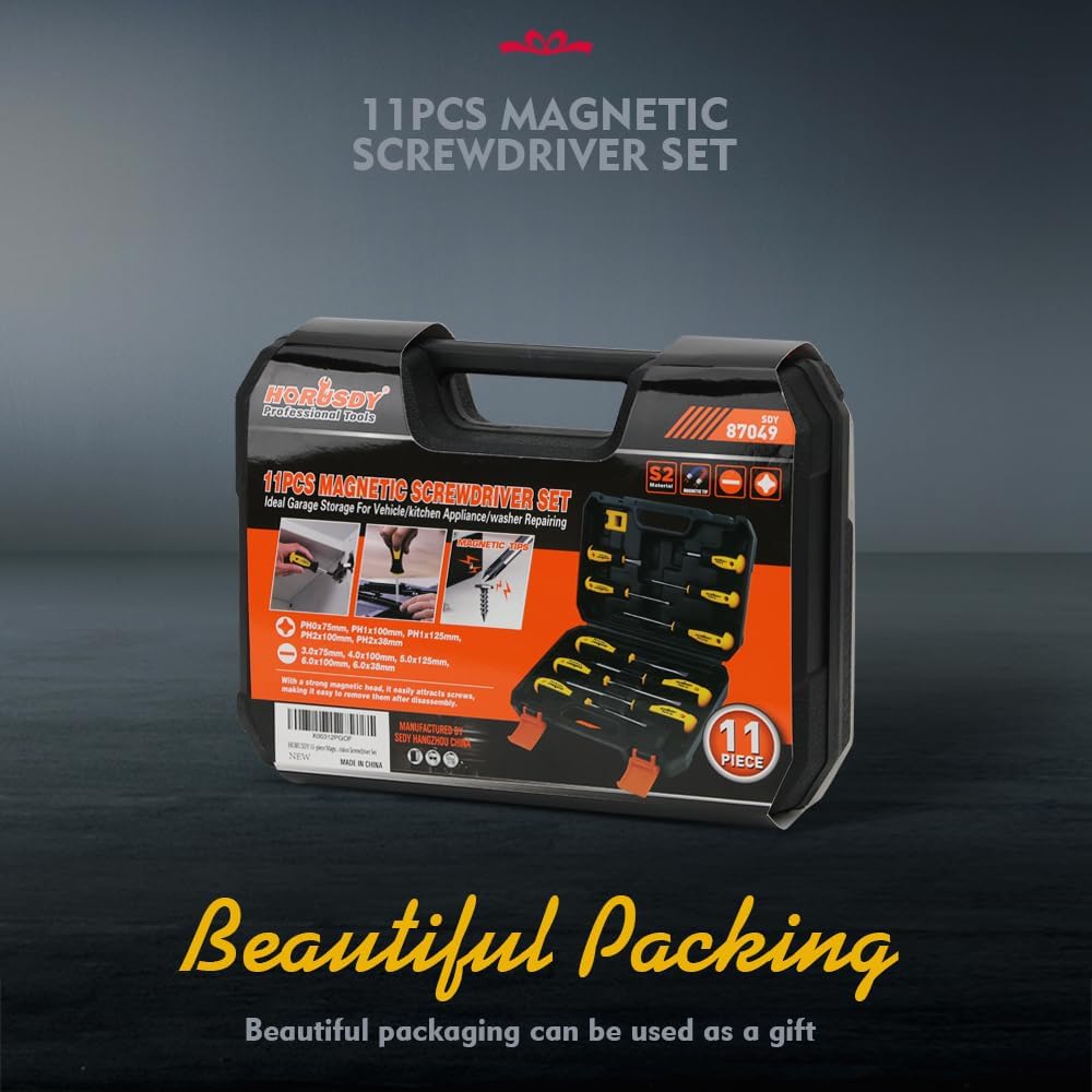 HORUSDY 11-piece magnetic screwdriver set with S2 steel blades, non-slip ergonomic handles, and durable carry case for versatile home and professional use