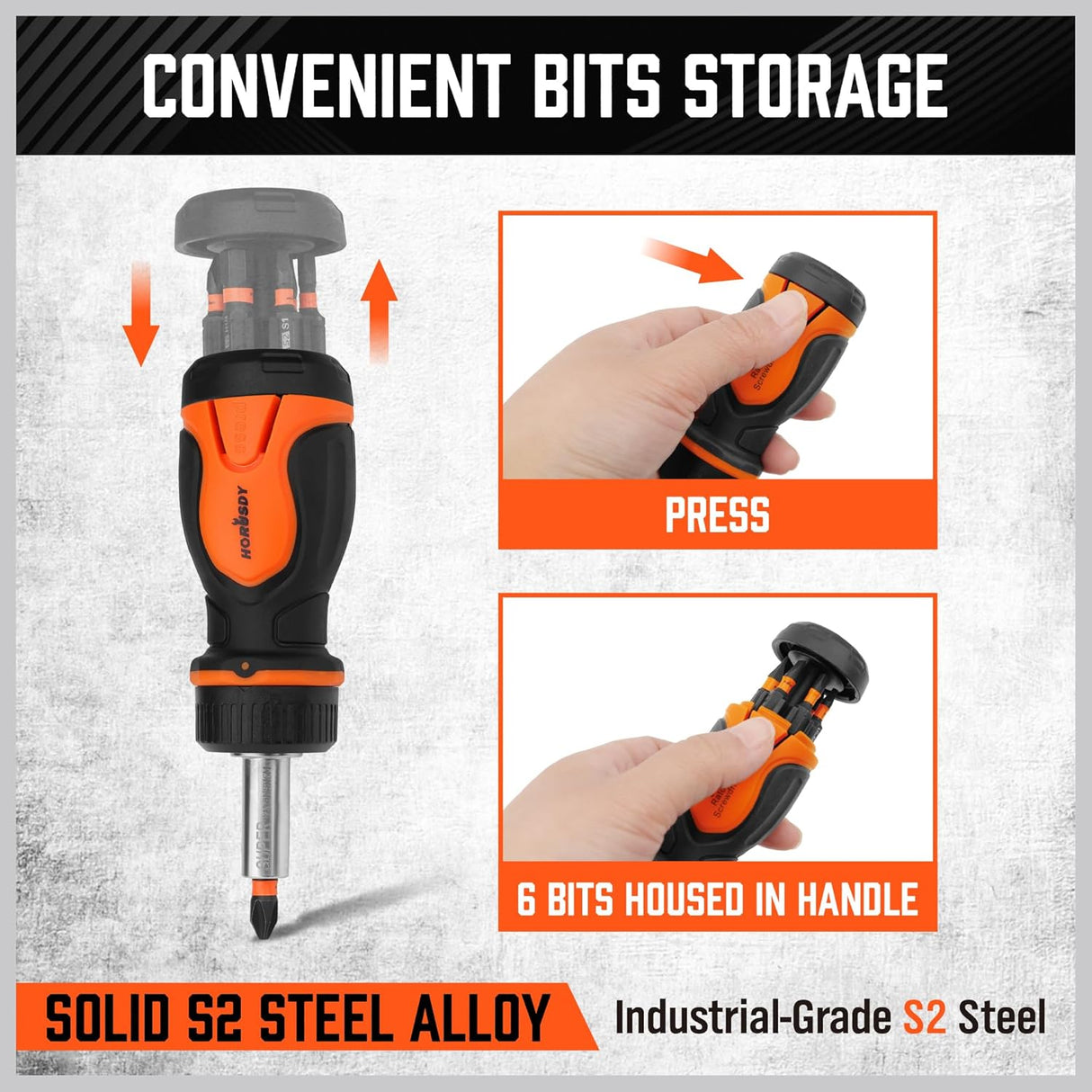HORUSDY 8-in-1 ratcheting screwdriver with magnetic S2 steel bits, ergonomic grip, and built-in bit storage for DIY and professional use