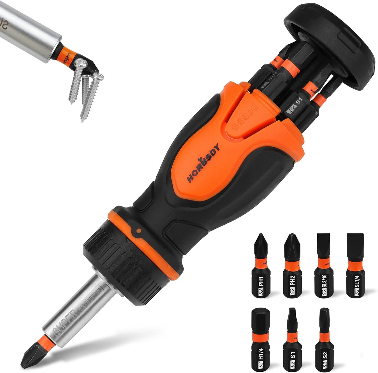 HORUSDY 8-in-1 ratcheting screwdriver with magnetic S2 steel bits, ergonomic grip, and built-in bit storage for DIY and professional use