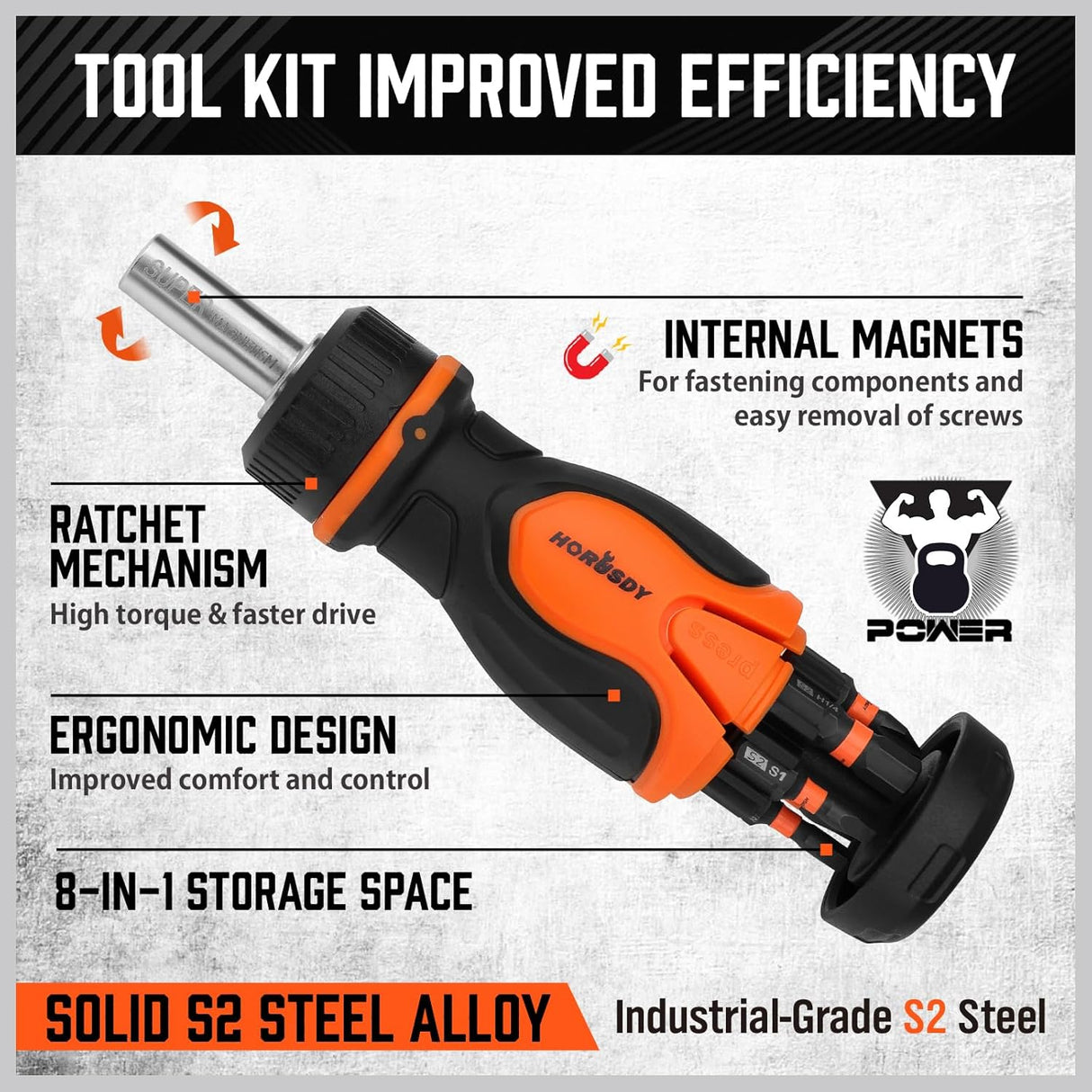HORUSDY 8-in-1 ratcheting screwdriver with magnetic S2 steel bits, ergonomic grip, and built-in bit storage for DIY and professional use