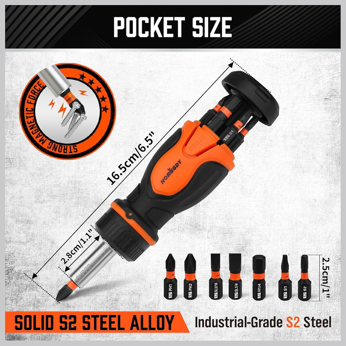 HORUSDY 8-in-1 ratcheting screwdriver with magnetic S2 steel bits, ergonomic grip, and built-in bit storage for DIY and professional use