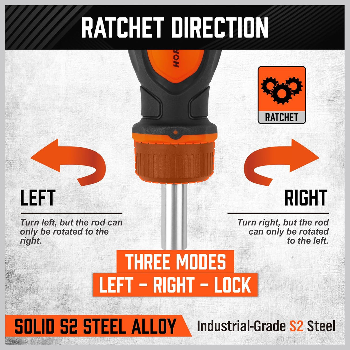 HORUSDY 8-in-1 ratcheting screwdriver with magnetic S2 steel bits, ergonomic grip, and built-in bit storage for DIY and professional use