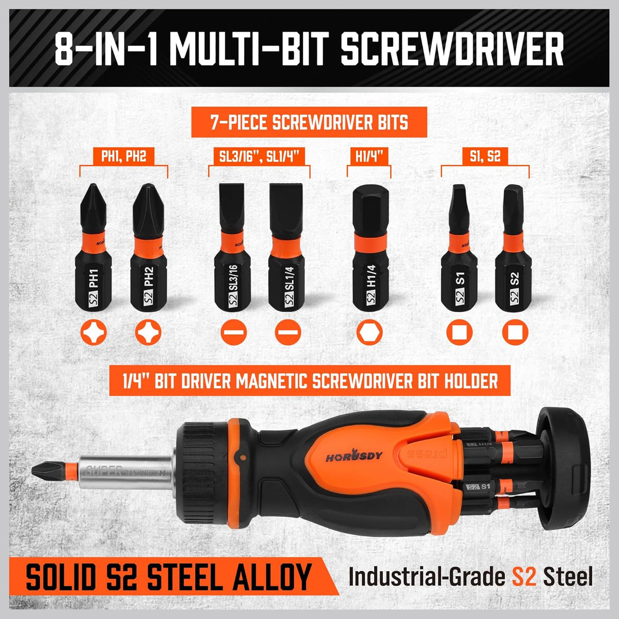 HORUSDY 8-in-1 ratcheting screwdriver with magnetic S2 steel bits, ergonomic grip, and built-in bit storage for DIY and professional use
