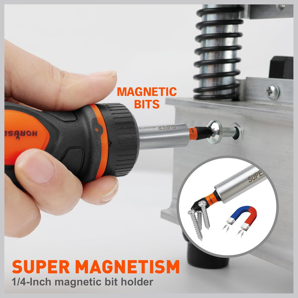 HORUSDY 8-in-1 ratcheting screwdriver with magnetic S2 steel bits, ergonomic grip, and built-in bit storage for DIY and professional use