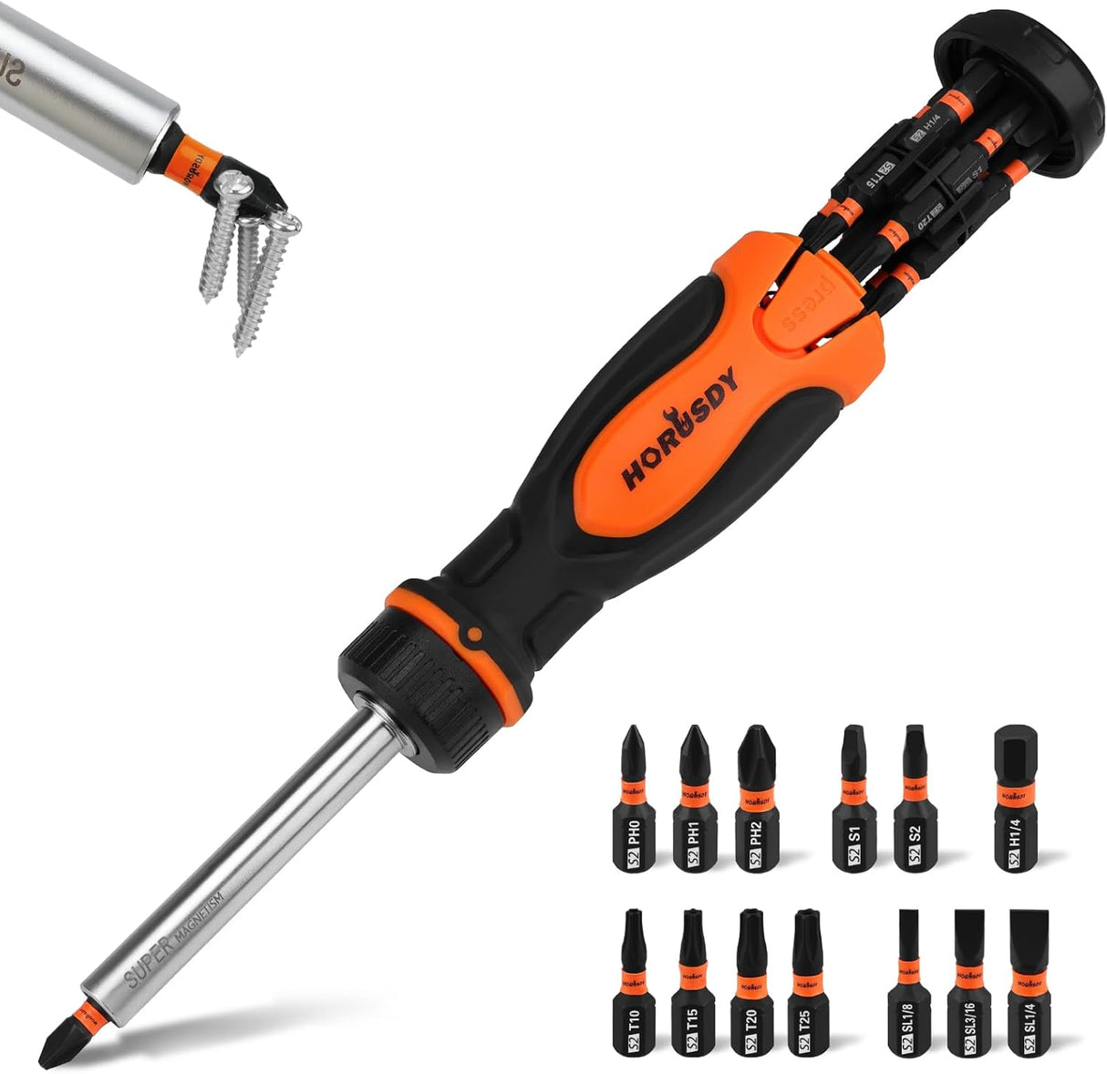 HORUSDY 14-in-1 ratcheting screwdriver with magnetic S2 steel bits and ergonomic handle for home and professional use
