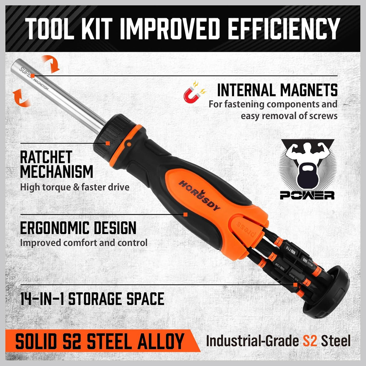 HORUSDY 14-in-1 ratcheting screwdriver with magnetic S2 steel bits and ergonomic handle for home and professional use
