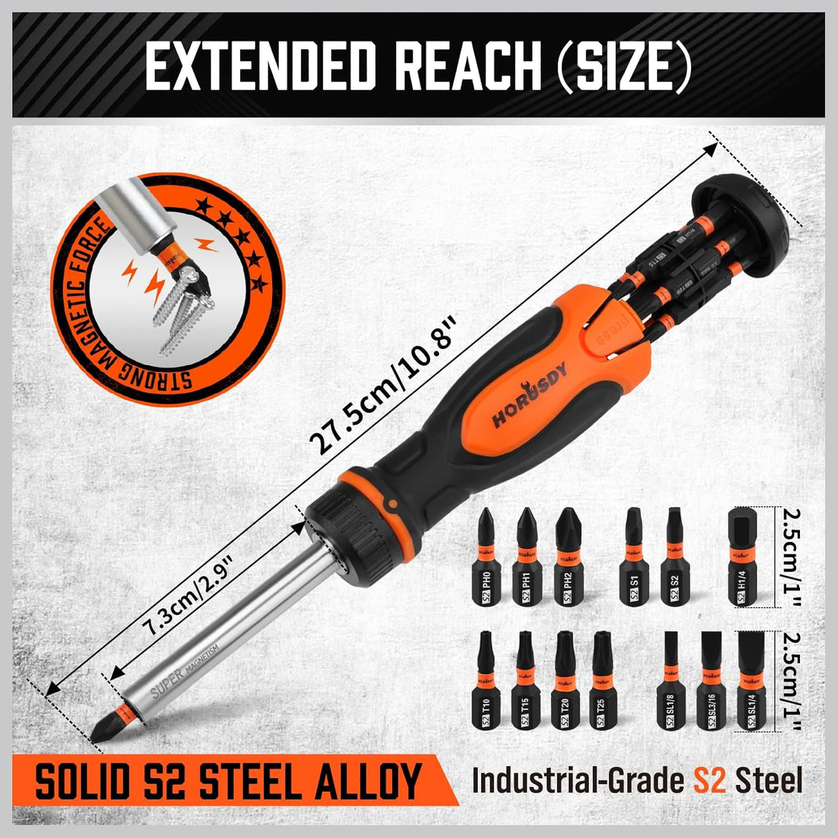 HORUSDY 14-in-1 ratcheting screwdriver with magnetic S2 steel bits and ergonomic handle for home and professional use