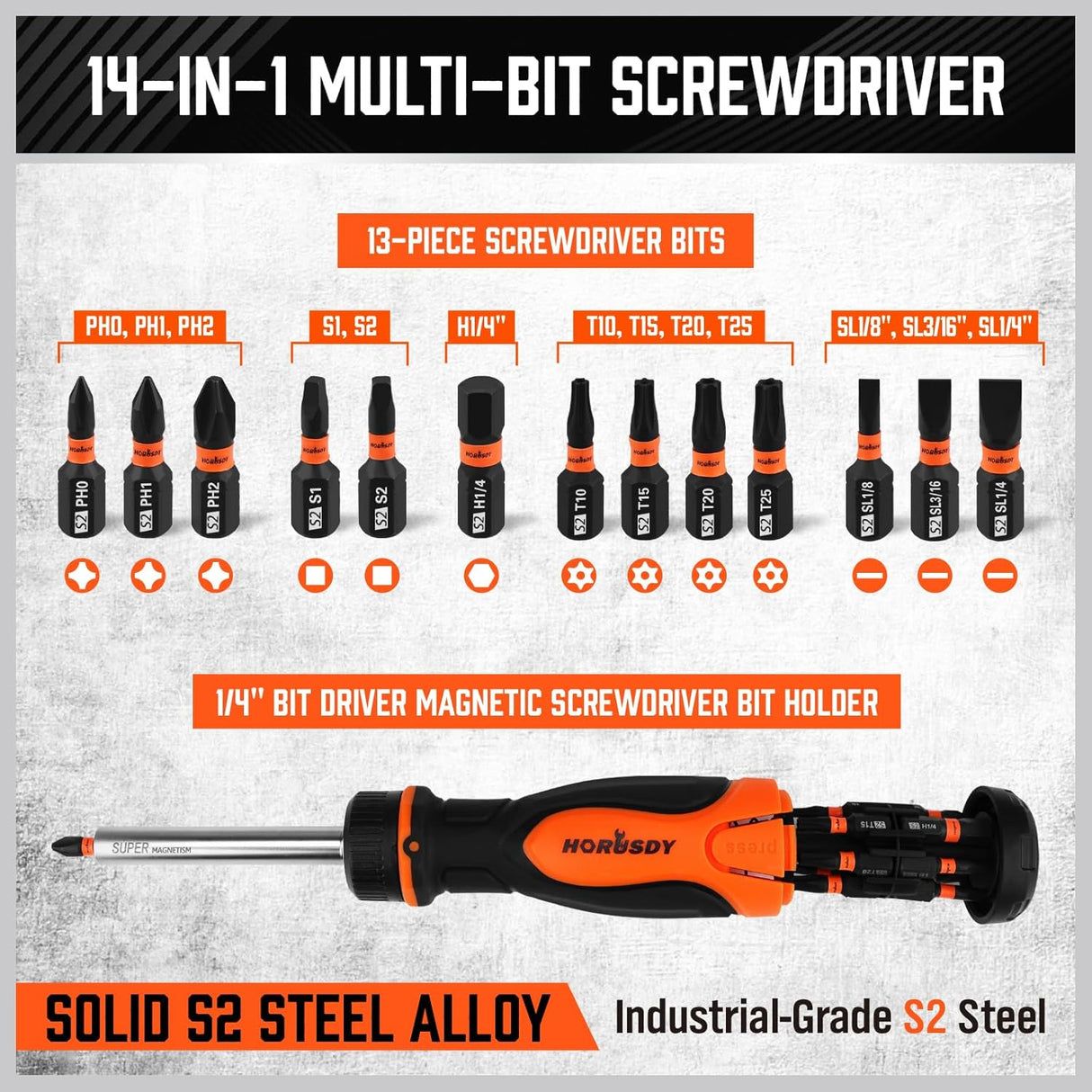 HORUSDY 14-in-1 ratcheting screwdriver with magnetic S2 steel bits and ergonomic handle for home and professional use