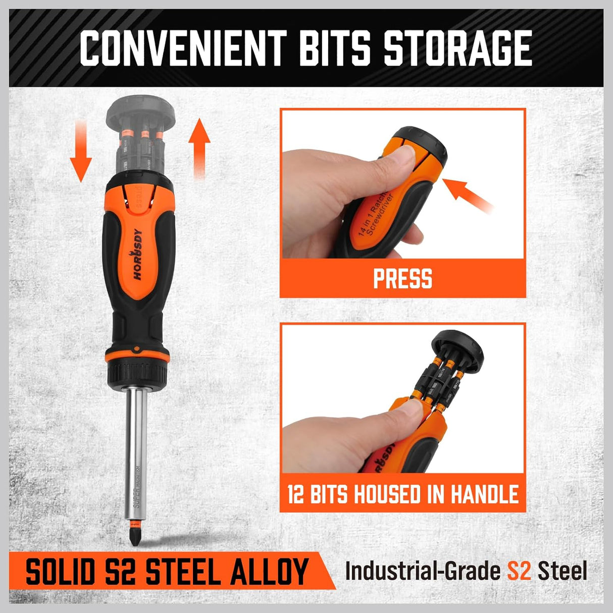 HORUSDY 14-in-1 ratcheting screwdriver with magnetic S2 steel bits and ergonomic handle for home and professional use