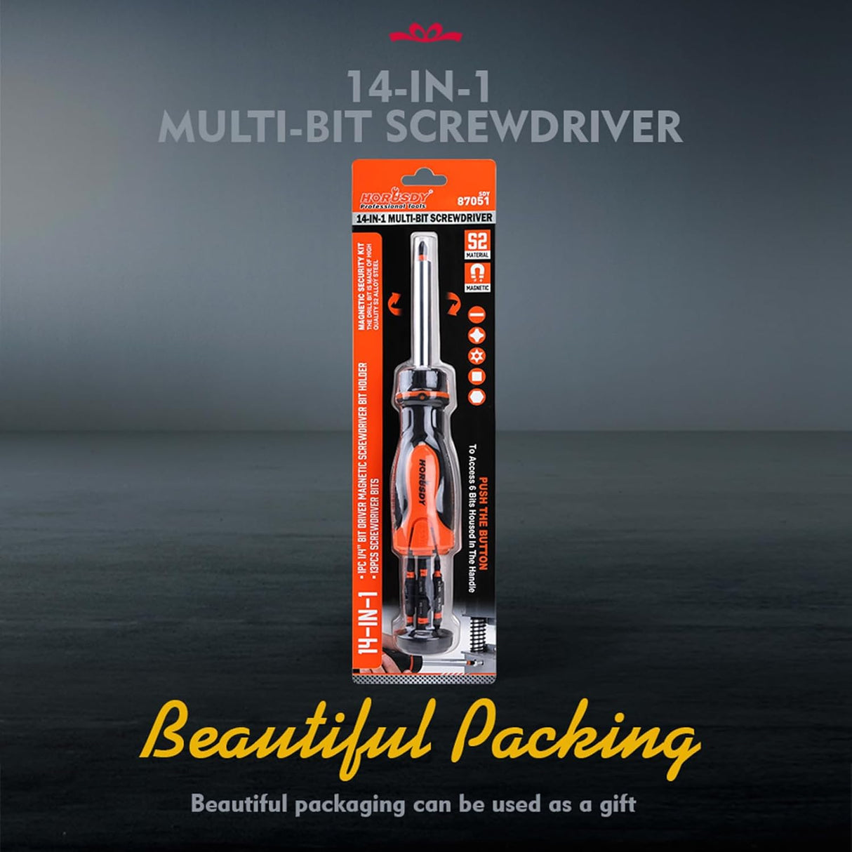 HORUSDY 14-in-1 ratcheting screwdriver with magnetic S2 steel bits and ergonomic handle for home and professional use