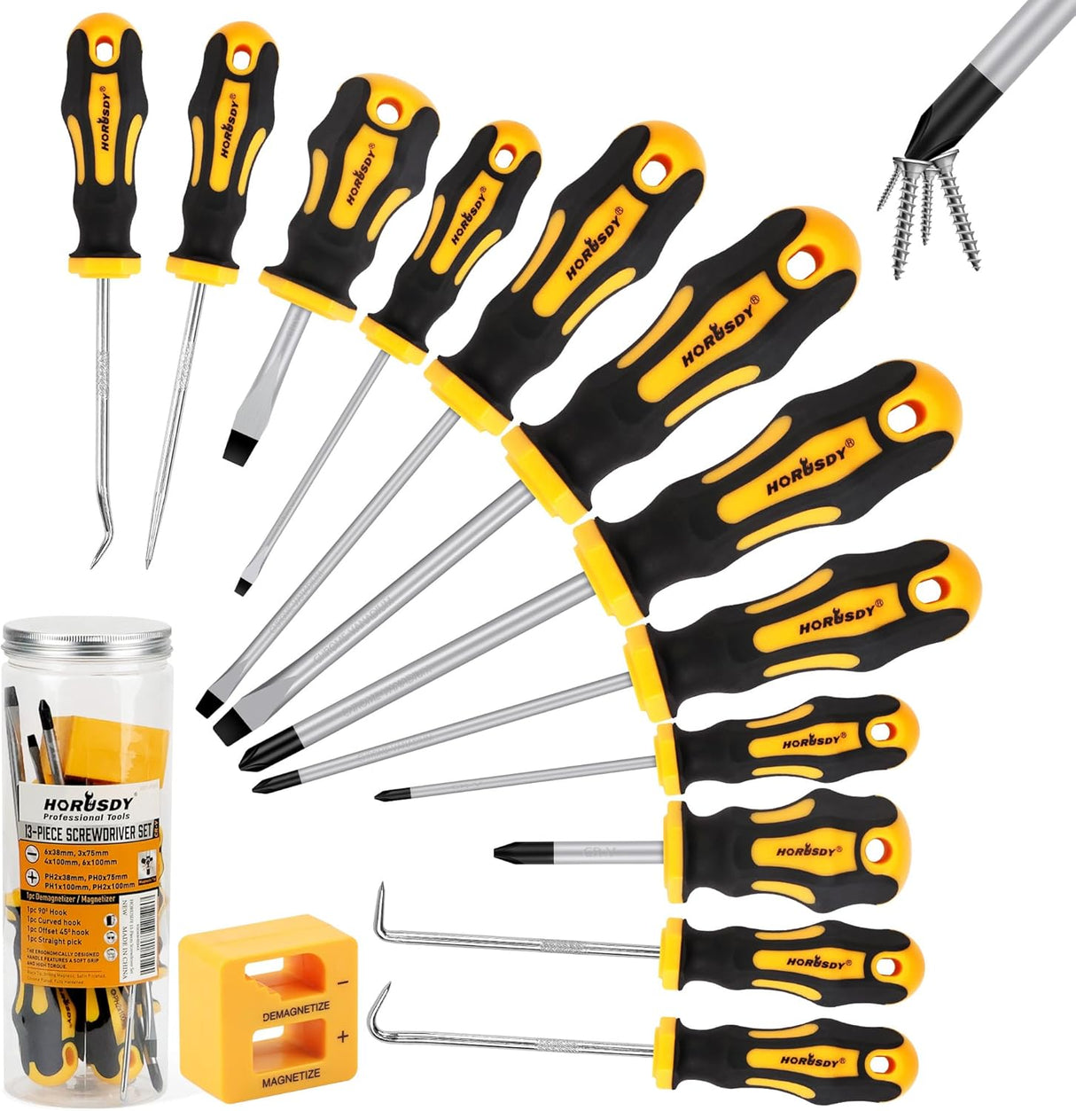 RUSDY 13-piece screwdriver set with CR-V steel shafts, ergonomic anti-slip handles, and magnetizer/demagnetizer block for precision repairs