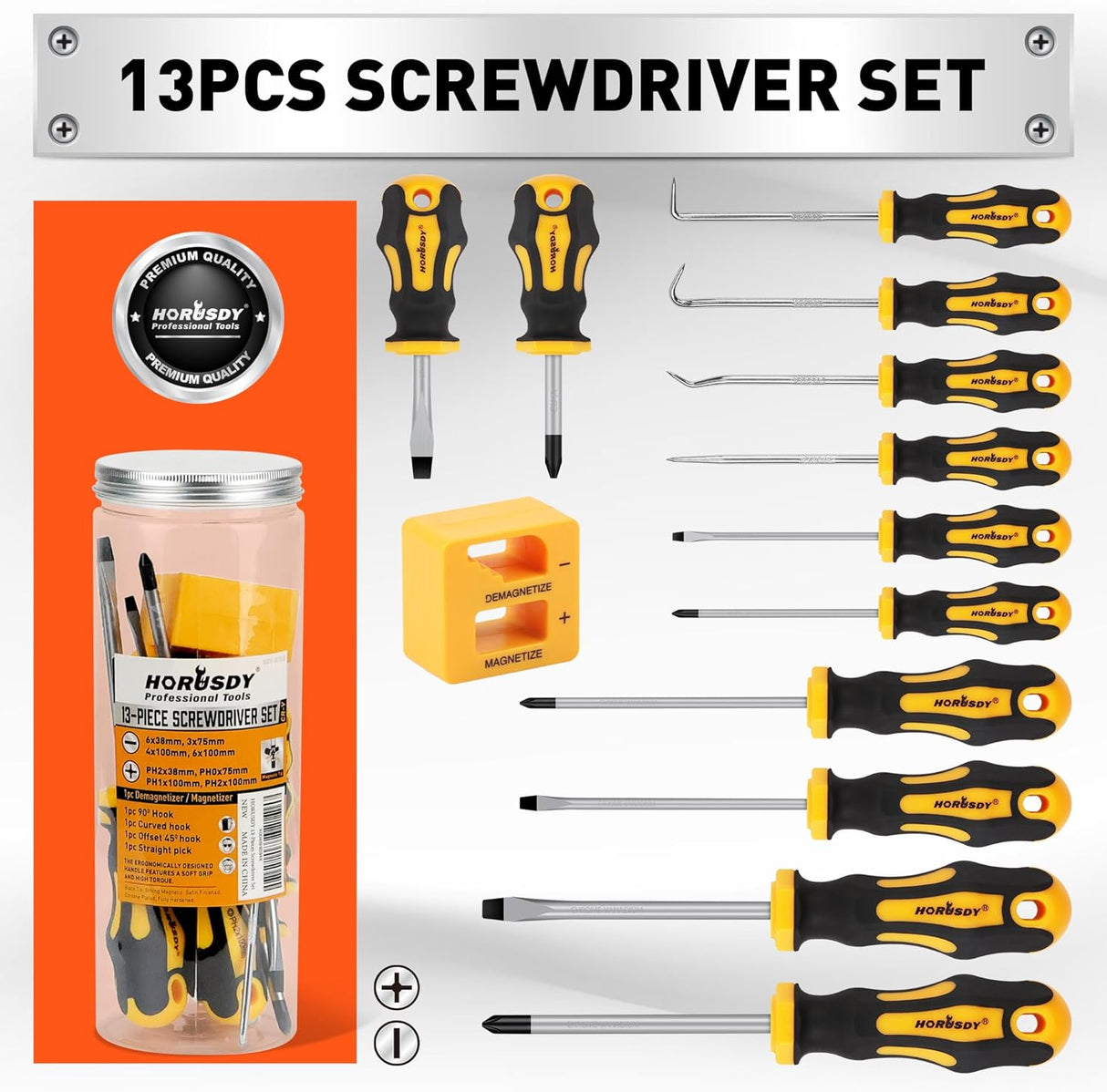 RUSDY 13-piece screwdriver set with CR-V steel shafts, ergonomic anti-slip handles, and magnetizer/demagnetizer block for precision repairs