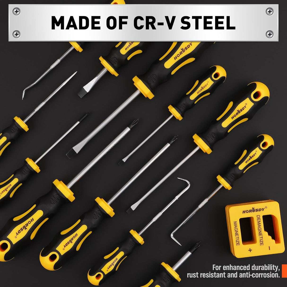 RUSDY 13-piece screwdriver set with CR-V steel shafts, ergonomic anti-slip handles, and magnetizer/demagnetizer block for precision repairs