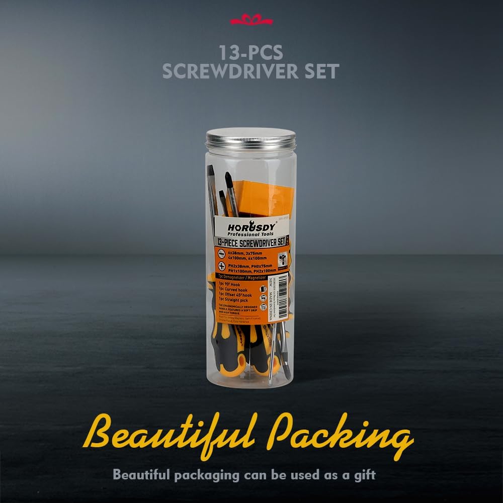 RUSDY 13-piece screwdriver set with CR-V steel shafts, ergonomic anti-slip handles, and magnetizer/demagnetizer block for precision repairs