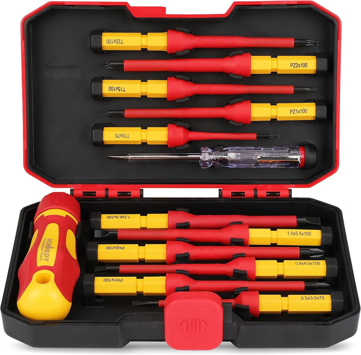 HORUSDY 13-piece insulated electrician screwdriver set with magnetic tips and 1000V protection in red and yellow color, stored in a hard case.