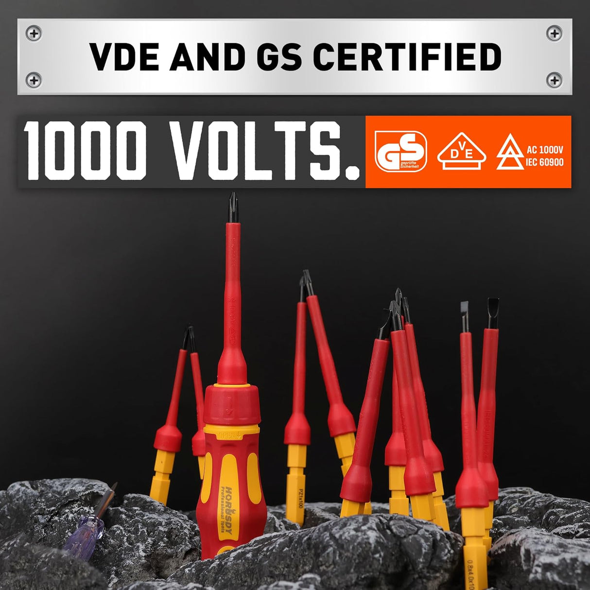 HORUSDY 13-piece insulated electrician screwdriver set with magnetic tips and 1000V protection in red and yellow color, stored in a hard case.