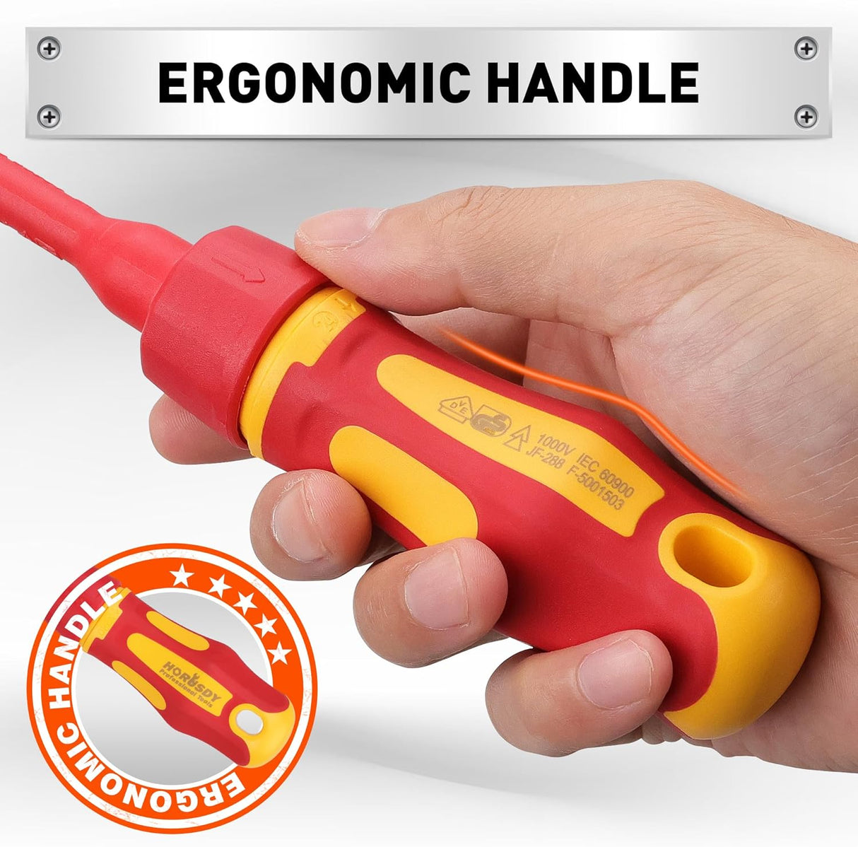 HORUSDY 13-piece insulated electrician screwdriver set with magnetic tips and 1000V protection in red and yellow color, stored in a hard case.
