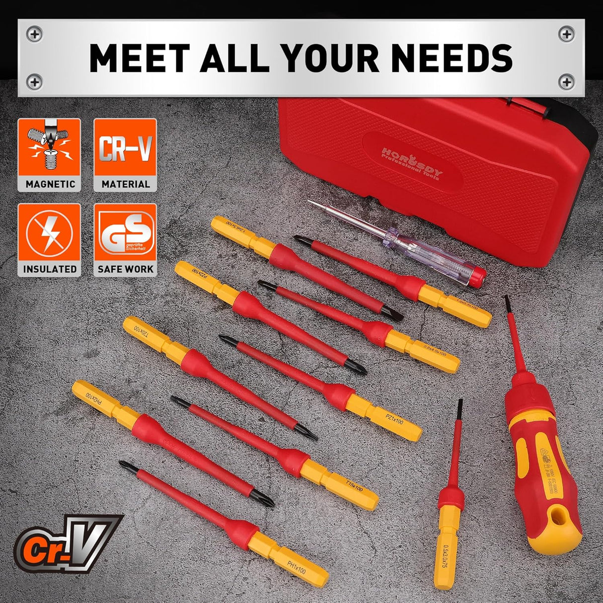 HORUSDY 13-piece insulated electrician screwdriver set with magnetic tips and 1000V protection in red and yellow color, stored in a hard case.