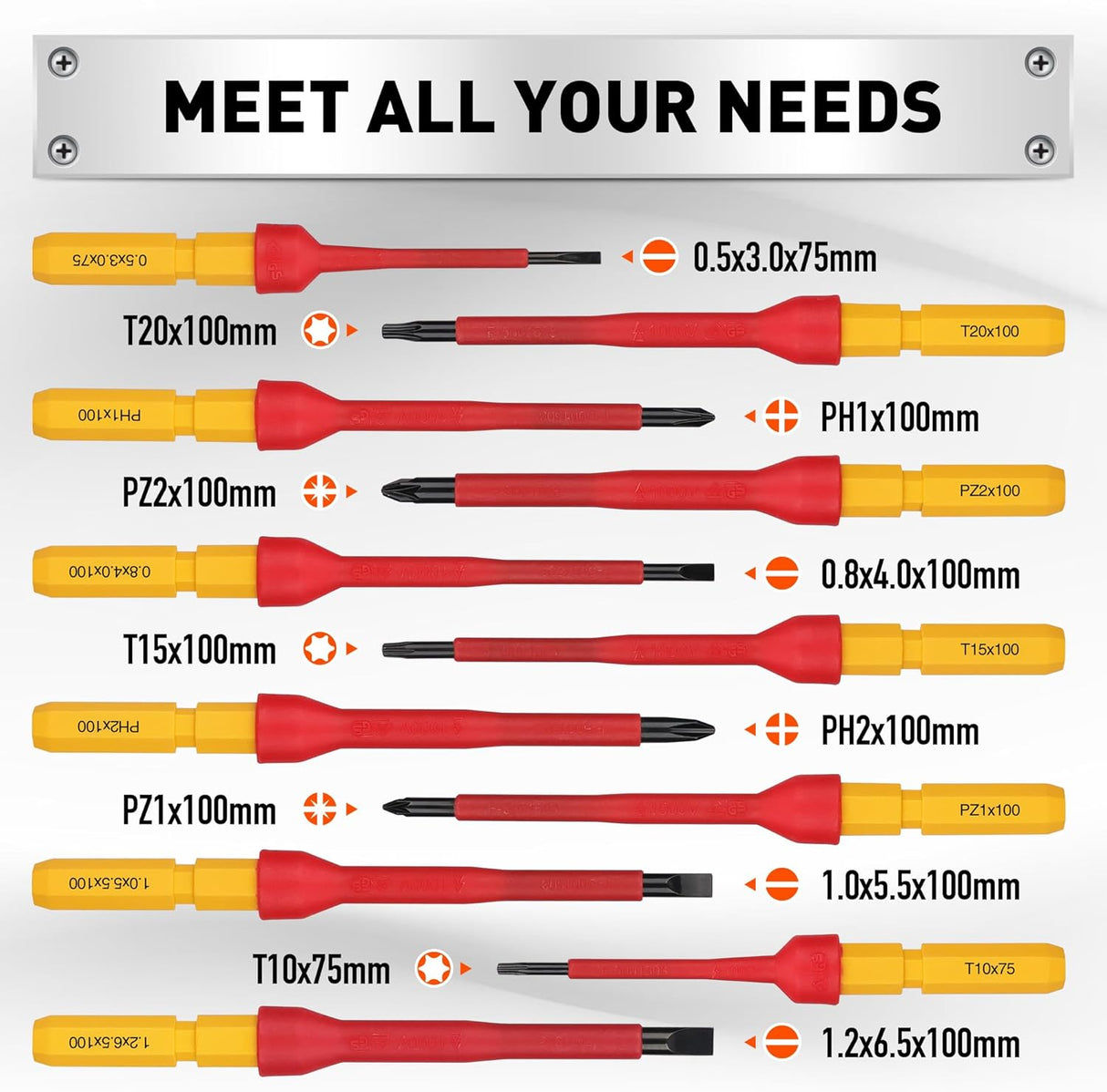 HORUSDY 13-piece insulated electrician screwdriver set with magnetic tips and 1000V protection in red and yellow color, stored in a hard case.
