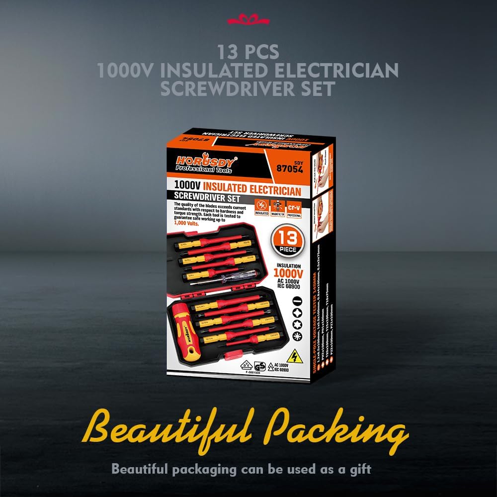 HORUSDY 13-piece insulated electrician screwdriver set with magnetic tips and 1000V protection in red and yellow color, stored in a hard case.