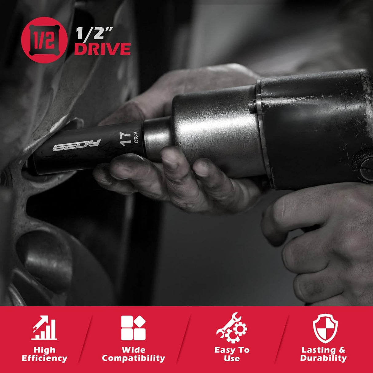 SEDY 67-piece 1/2 inch drive master impact socket set with SAE metric sockets, ratchet handle, extension bars, adapters and secure carry case