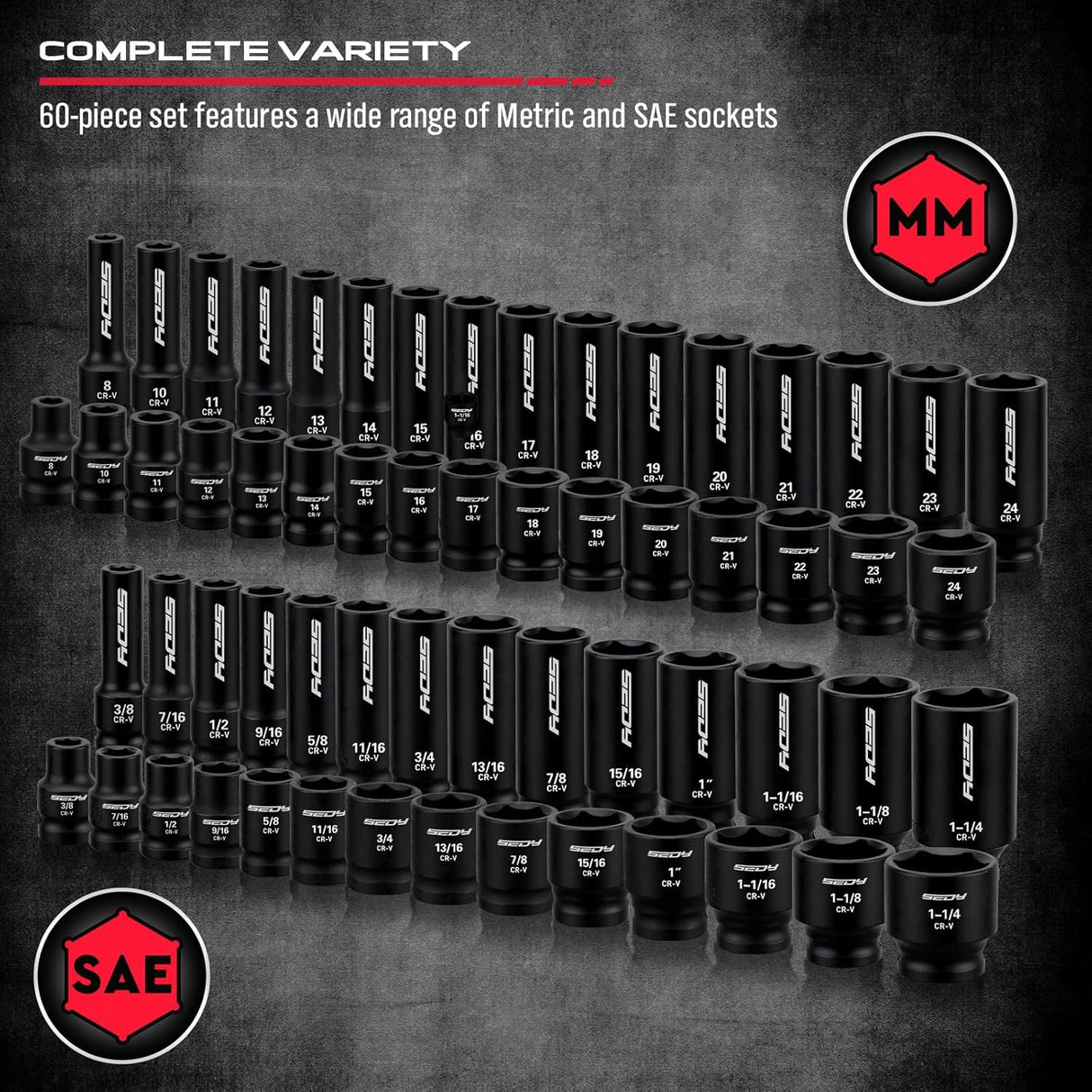 SEDY 67-piece 1/2 inch drive master impact socket set with SAE metric sockets, ratchet handle, extension bars, adapters and secure carry case