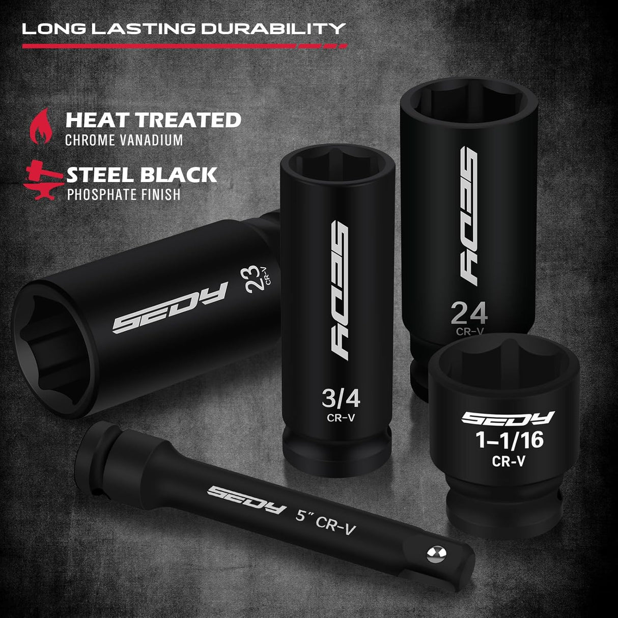 SEDY 67-piece 1/2 inch drive master impact socket set with SAE metric sockets, ratchet handle, extension bars, adapters and secure carry case