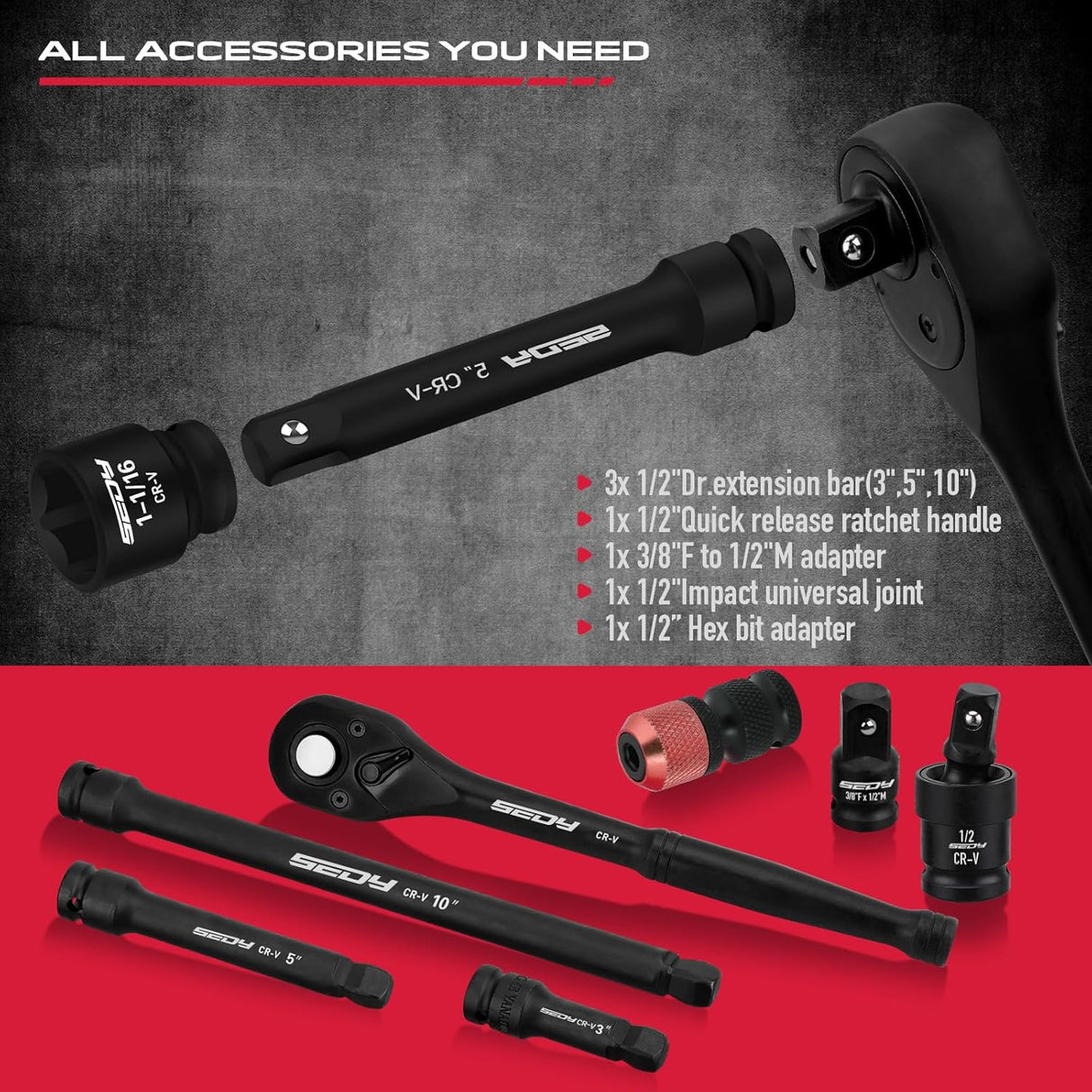 SEDY 67-piece 1/2 inch drive master impact socket set with SAE metric sockets, ratchet handle, extension bars, adapters and secure carry case