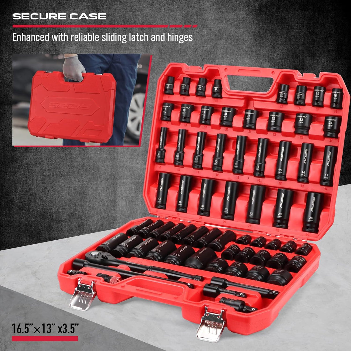 SEDY 67-piece 1/2 inch drive master impact socket set with SAE metric sockets, ratchet handle, extension bars, adapters and secure carry case