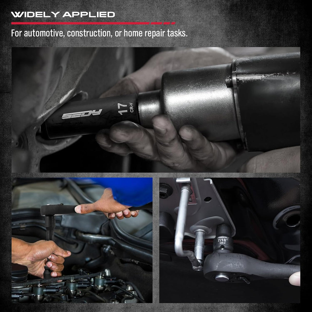 SEDY 67-piece 1/2 inch drive master impact socket set with SAE metric sockets, ratchet handle, extension bars, adapters and secure carry case