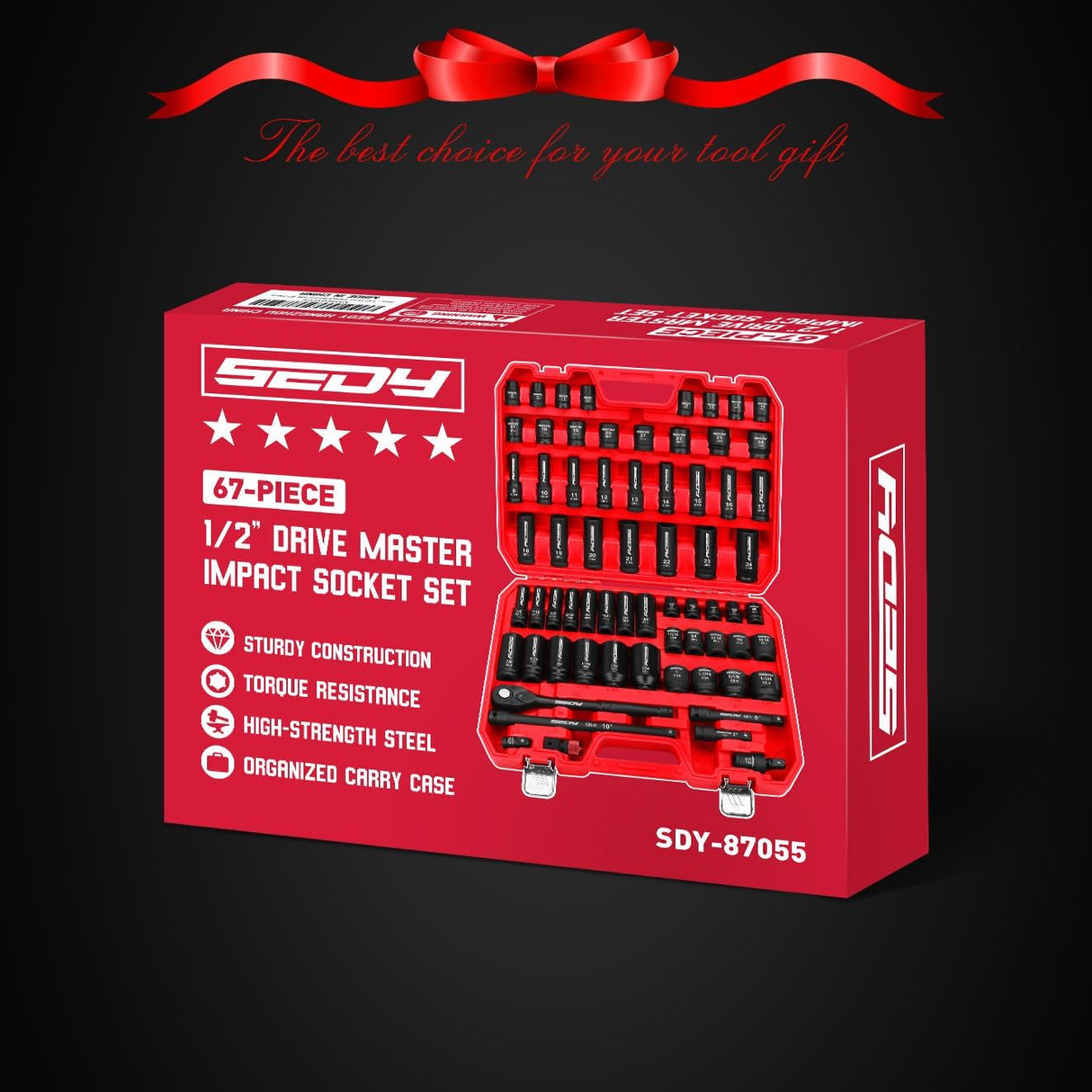 SEDY 67-piece 1/2 inch drive master impact socket set with SAE metric sockets, ratchet handle, extension bars, adapters and secure carry case
