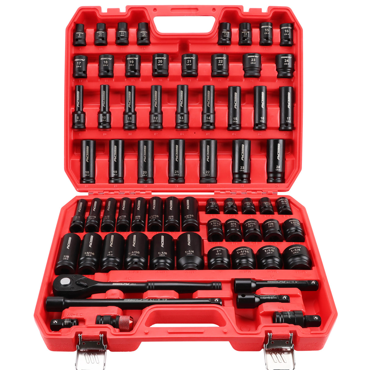 SEDY 67-piece 1/2 inch drive master impact socket set with SAE metric sockets, ratchet handle, extension bars, adapters and secure carry case
