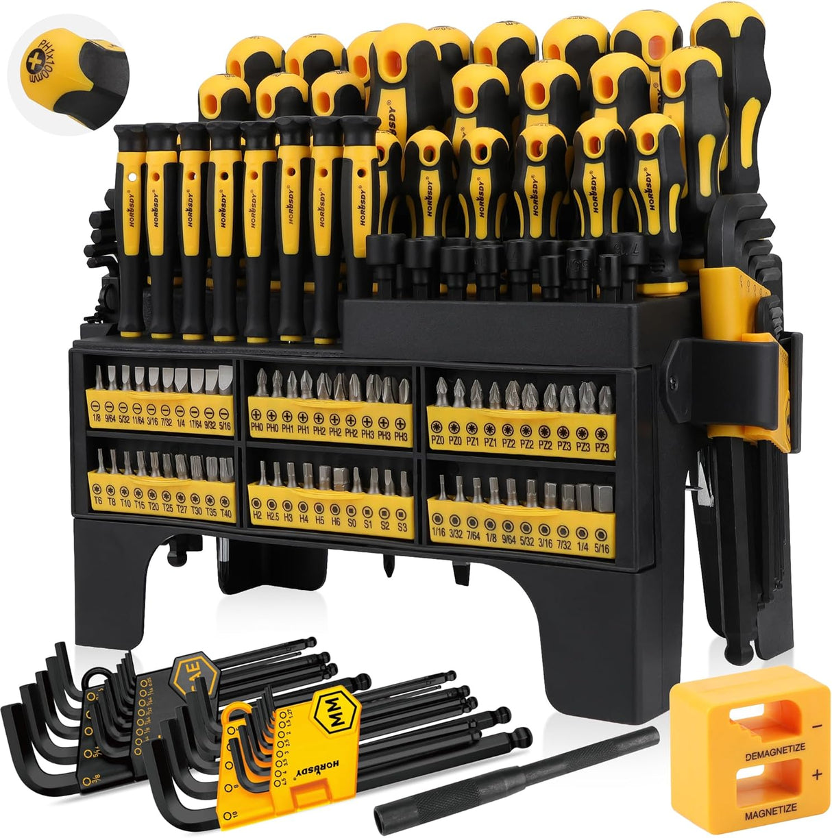 HORUSDY 140-piece magnetic screwdriver and bit set with CR-V steel shafts, hex keys, precision screwdrivers, and plastic organizer rack for home and workshop use