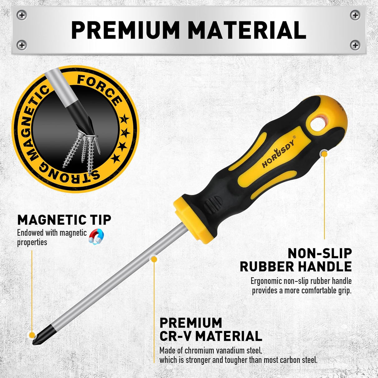 HORUSDY 140-piece magnetic screwdriver and bit set with CR-V steel shafts, hex keys, precision screwdrivers, and plastic organizer rack for home and workshop use