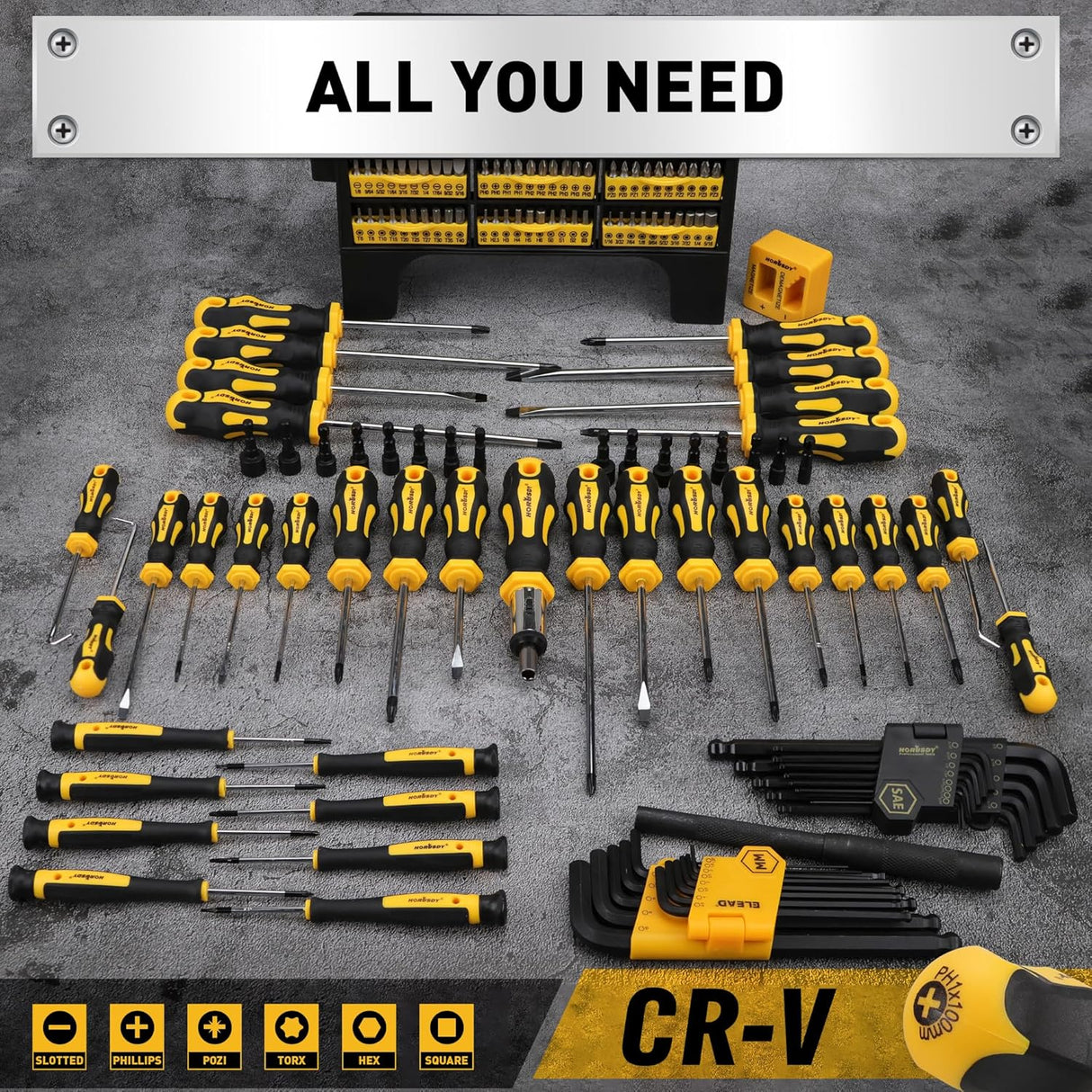 HORUSDY 140-piece magnetic screwdriver and bit set with CR-V steel shafts, hex keys, precision screwdrivers, and plastic organizer rack for home and workshop use