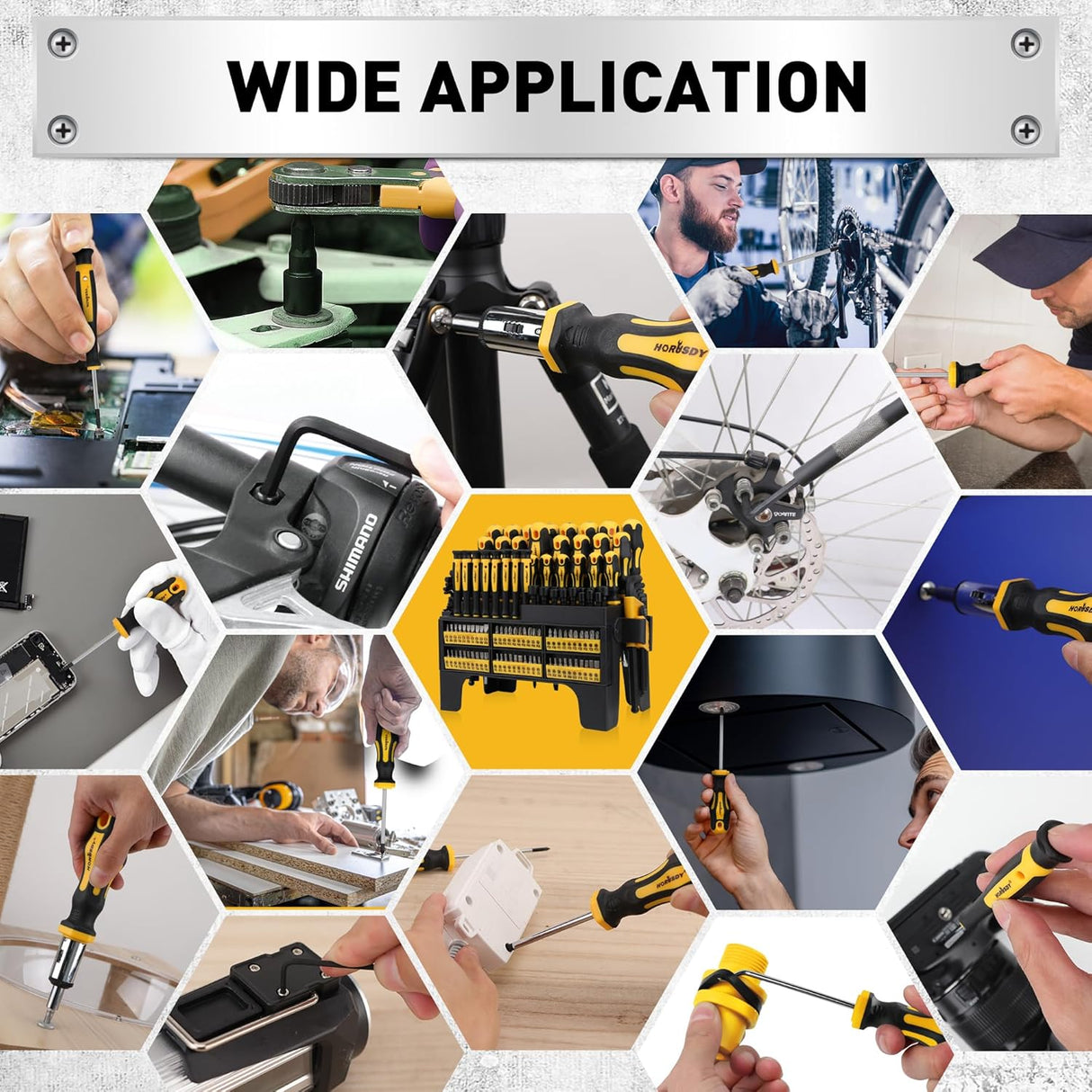 HORUSDY 140-piece magnetic screwdriver and bit set with CR-V steel shafts, hex keys, precision screwdrivers, and plastic organizer rack for home and workshop use