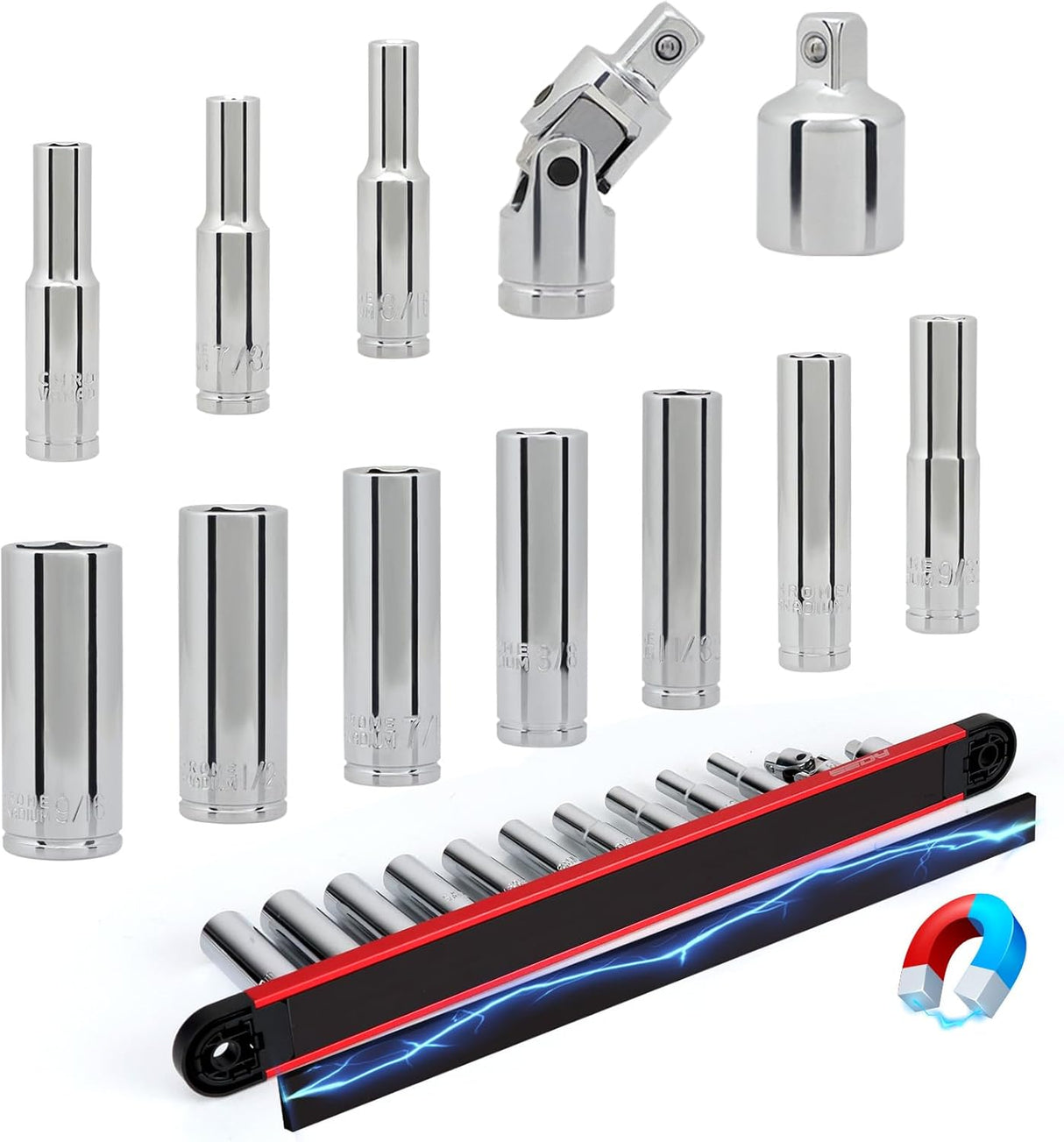 High-quality 12-Piece 1/4" Long SAE Socket Set with universal joint and storage rack