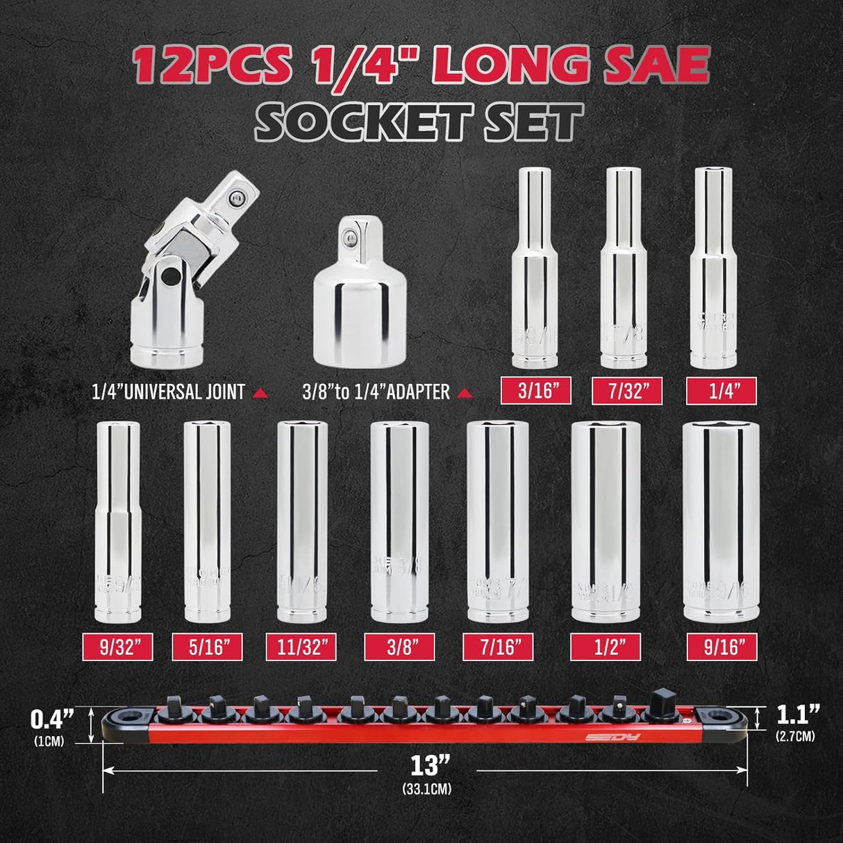 High-quality 12-Piece 1/4" Long SAE Socket Set with universal joint and storage rack