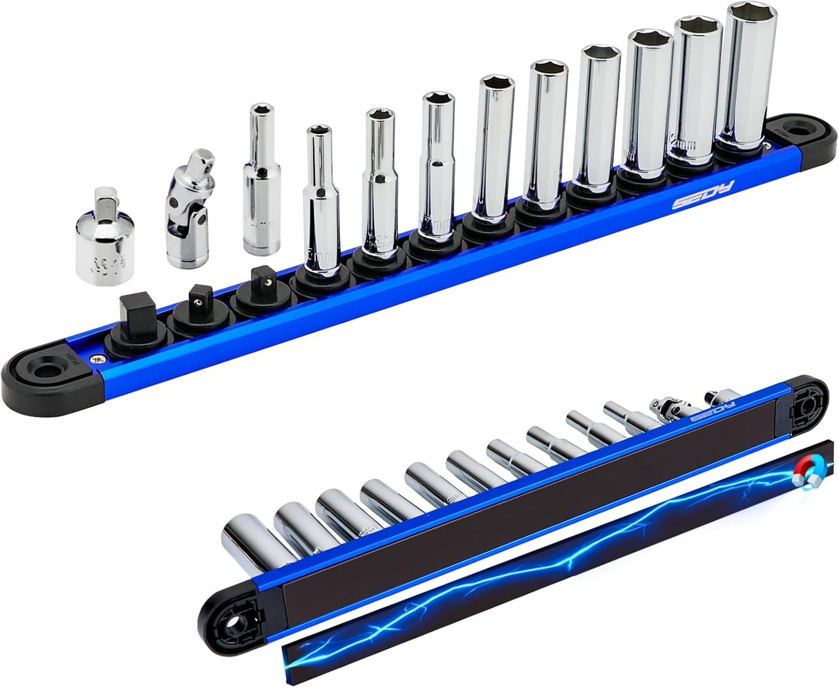 12-piece long metric socket set with magnetic storage rail, 1/4 inch drive chrome vanadium sockets from 4mm to 13mm