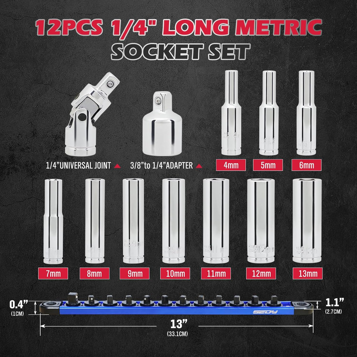 12-piece long metric socket set with magnetic storage rail, 1/4 inch drive chrome vanadium sockets from 4mm to 13mm