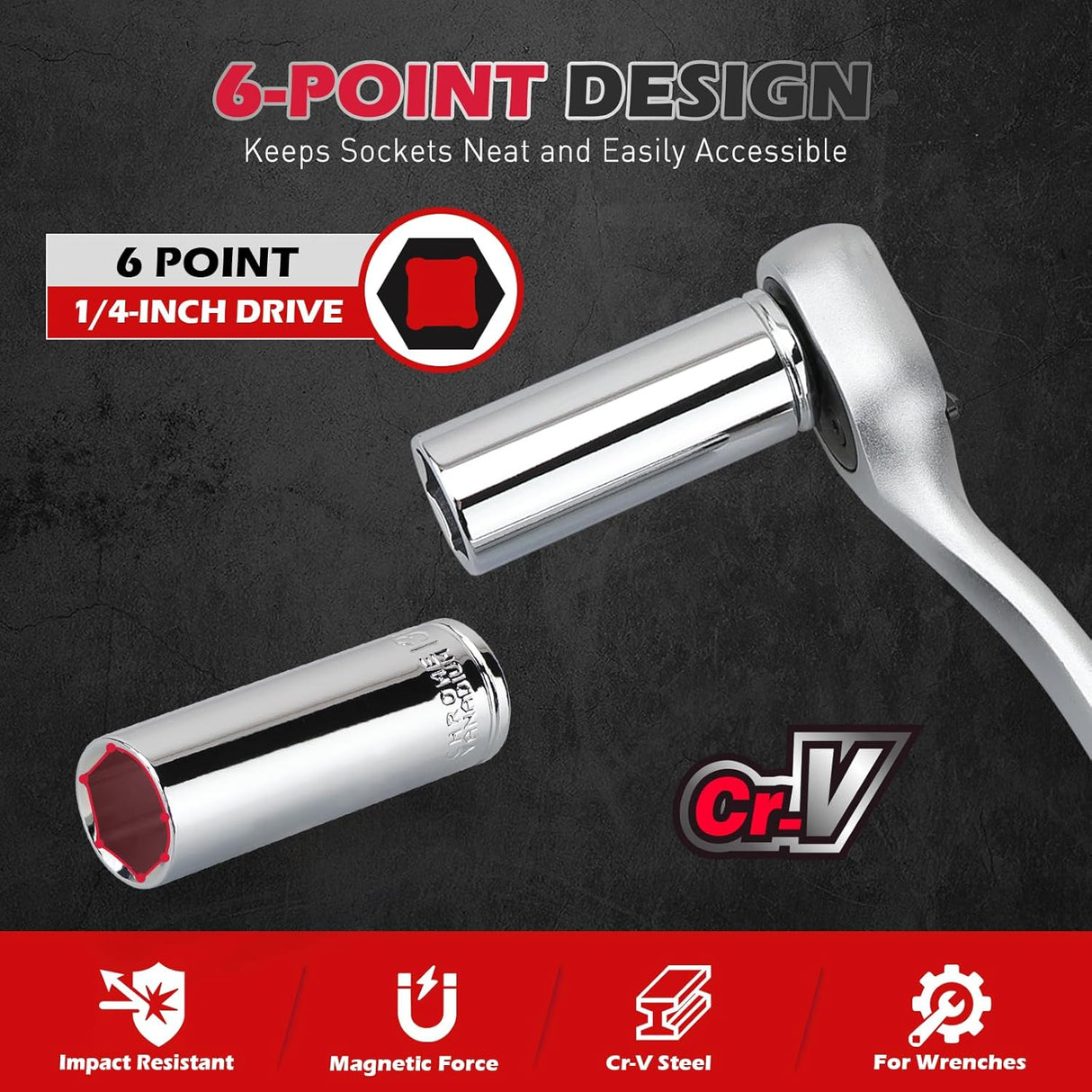 12-piece long metric socket set with magnetic storage rail, 1/4 inch drive chrome vanadium sockets from 4mm to 13mm