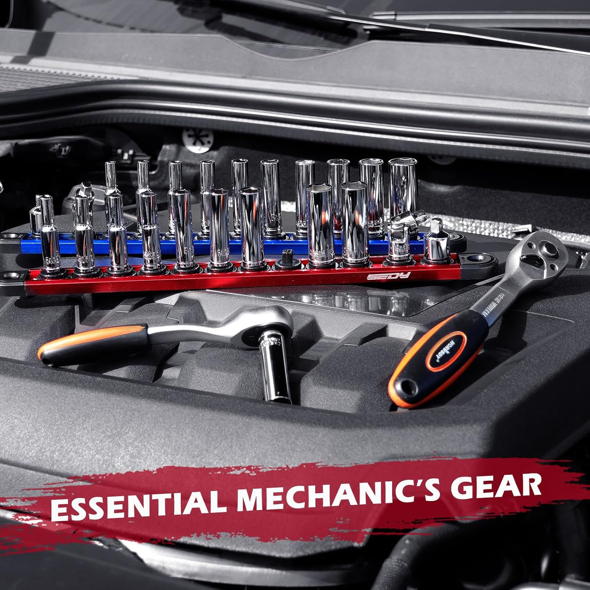 12-piece long metric socket set with magnetic storage rail, 1/4 inch drive chrome vanadium sockets from 4mm to 13mm