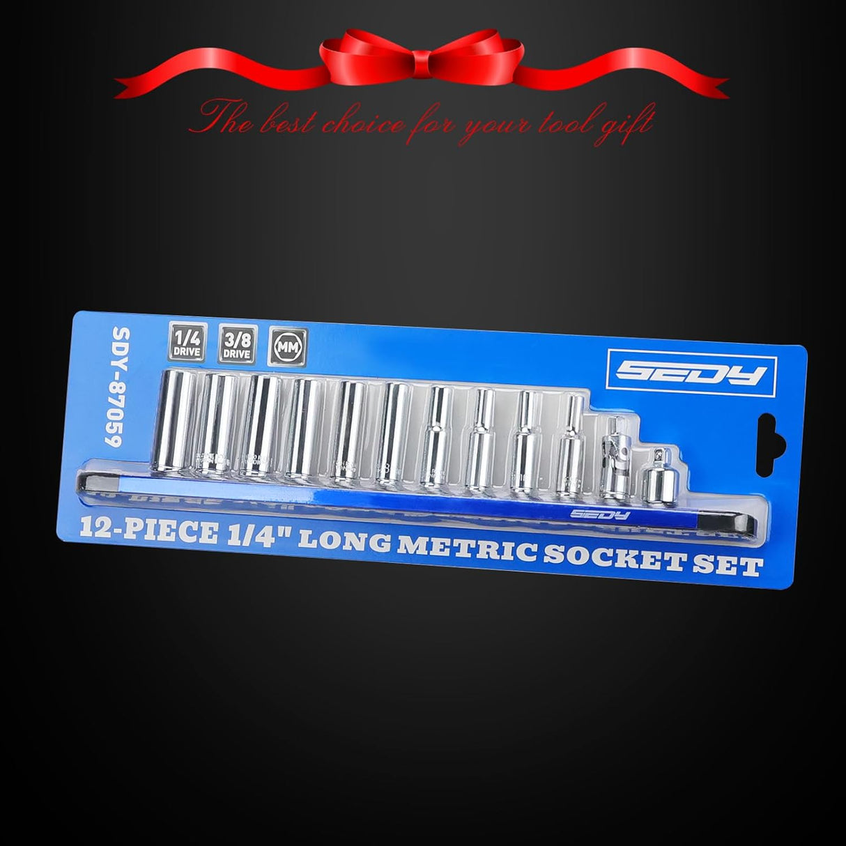 12-piece long metric socket set with magnetic storage rail, 1/4 inch drive chrome vanadium sockets from 4mm to 13mm