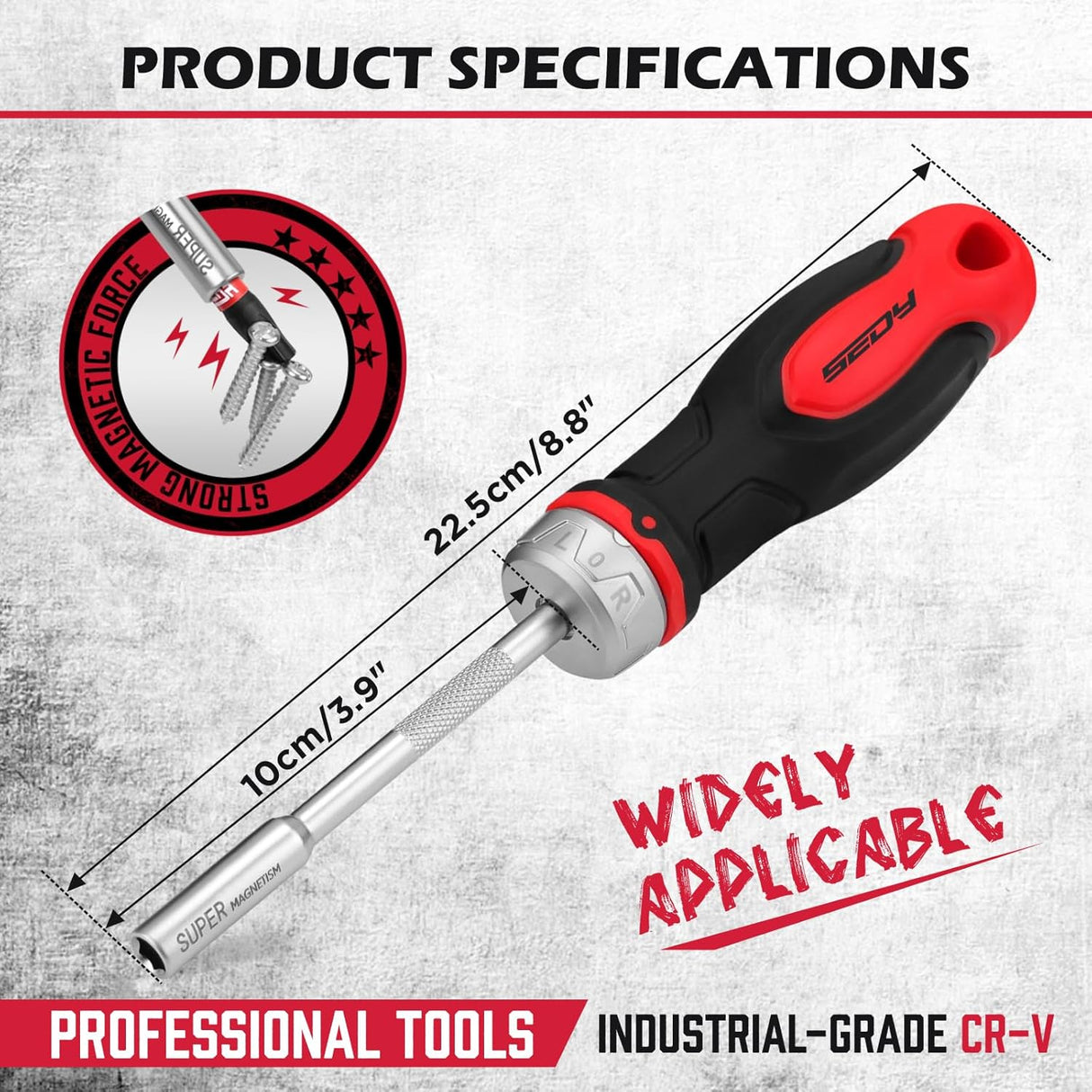 Magnetic ratcheting screwdriver with CR-V shaft, ergonomic anti-slip handle, and 1/4 inch bit holder